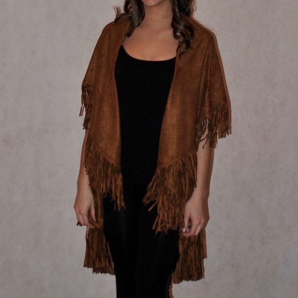 Fringe suede like cape / shawl / kimono / Vest - Picture 3 of 6